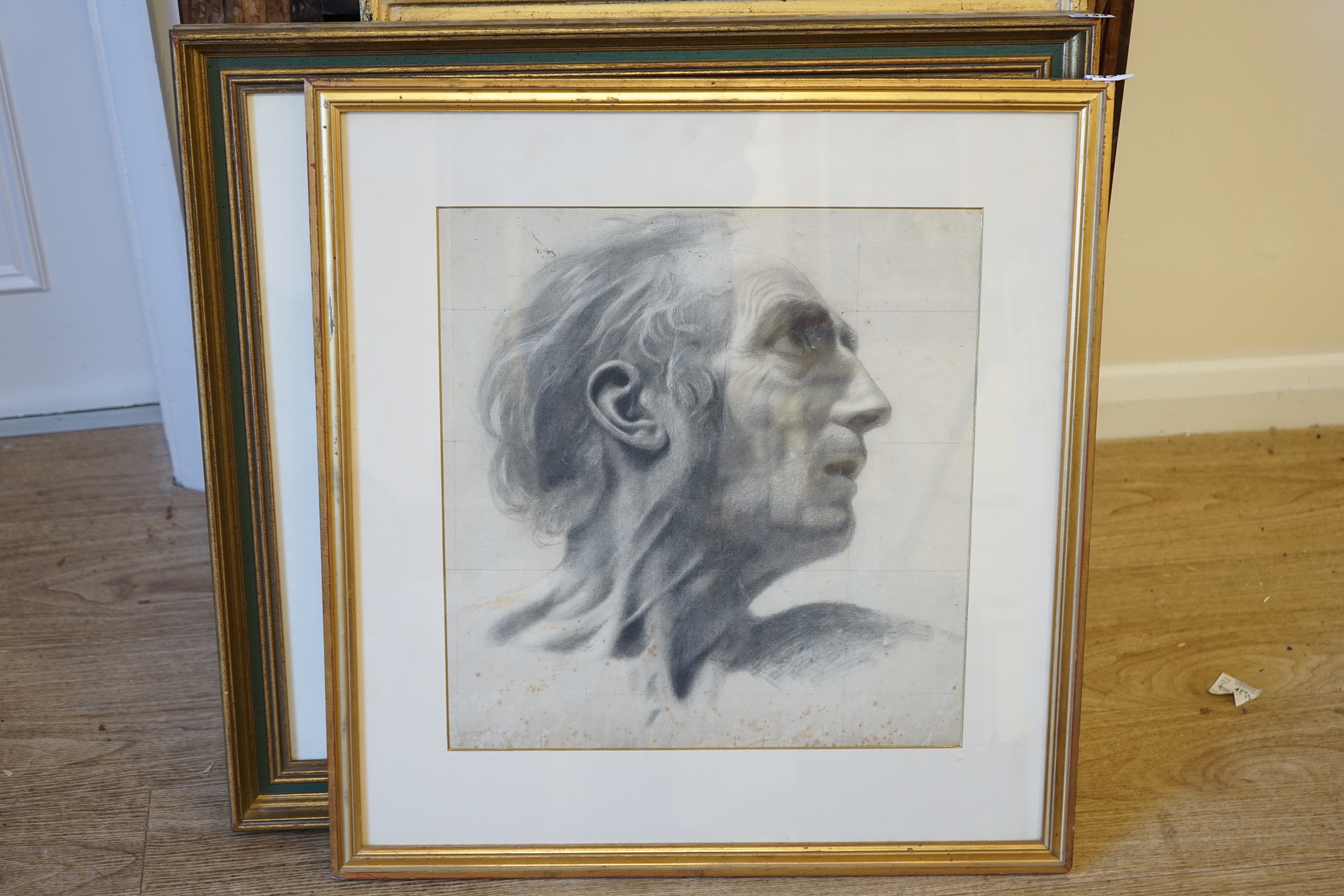 19th century French School c.1840, watercolour en grisaille, Head study with gridlines, 42 x 39cm